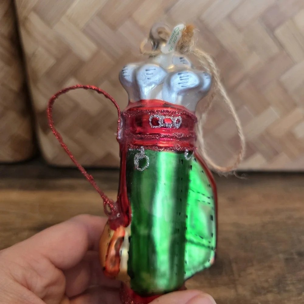 Golf Bag Clubs Christmas Ornament Blown Glass Holiday Decor Gift Glitter 5